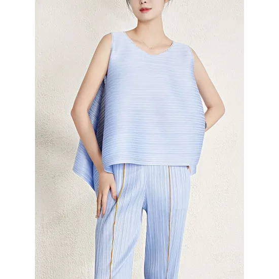 Cropped Sleeveless Pleated Round-Neck Vest Top Cropped Sleeveless Pleated Round-Neck Vest Top