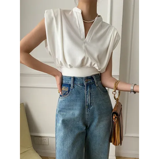 Loose Sleeveless Split-Joint Solid Color V-Neck Vest Top Loose Sleeveless Split-Joint Solid Color V-Neck Vest Top