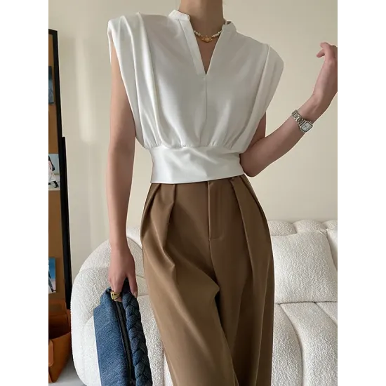 Loose Sleeveless Split-Joint Solid Color V-Neck Vest Top Loose Sleeveless Split-Joint Solid Color V-Neck Vest Top