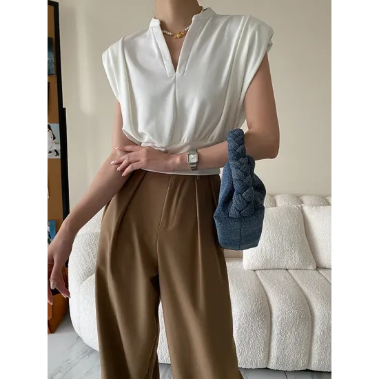 Loose Sleeveless Split-Joint Solid Color V-Neck Vest Top Loose Sleeveless Split-Joint Solid Color V-Neck Vest Top