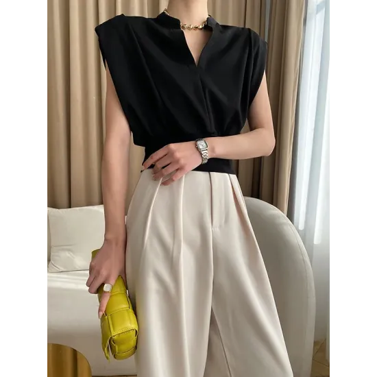 Loose Sleeveless Split-Joint Solid Color V-Neck Vest Top Loose Sleeveless Split-Joint Solid Color V-Neck Vest Top