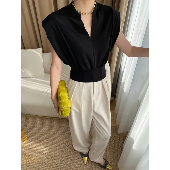 Loose Sleeveless Split-Joint Solid Color V-Neck Vest Top Loose Sleeveless Split-Joint Solid Color V-Neck Vest Top