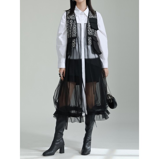 Gauze Jacquard Split-Joint Loose V-neck Vest Outerwear Gauze Jacquard Split-Joint Loose V-neck Vest Outerwear