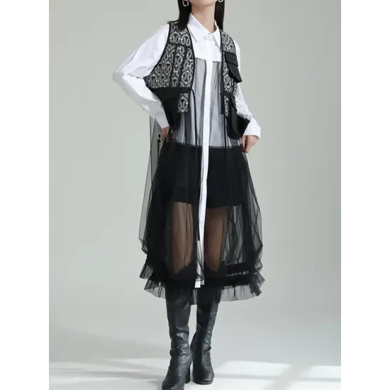 Gauze Jacquard Split-Joint Loose V-neck Vest Outerwear Gauze Jacquard Split-Joint Loose V-neck Vest Outerwear