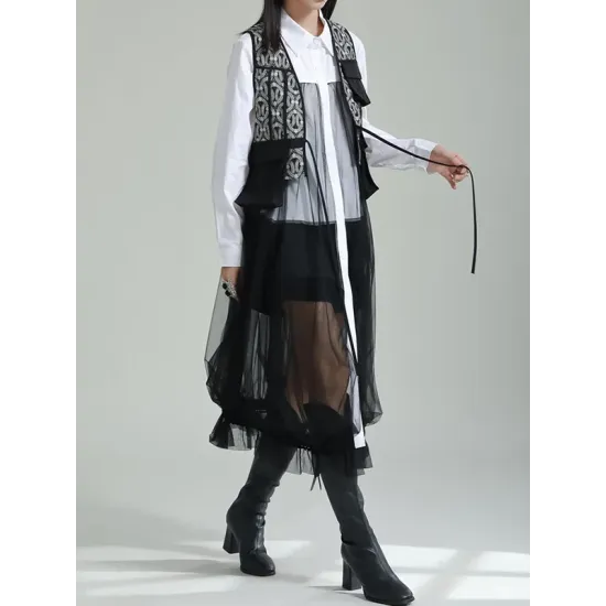 Gauze Jacquard Split-Joint Loose V-neck Vest Outerwear Gauze Jacquard Split-Joint Loose V-neck Vest Outerwear