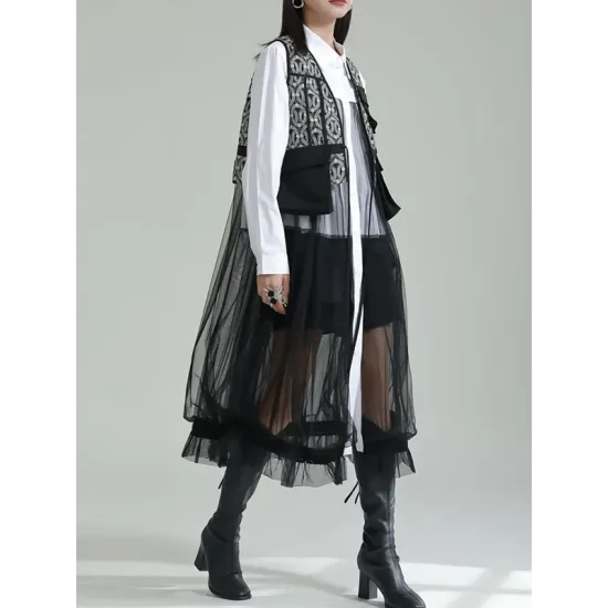 Gauze Jacquard Split-Joint Loose V-neck Vest Outerwear Gauze Jacquard Split-Joint Loose V-neck Vest Outerwear