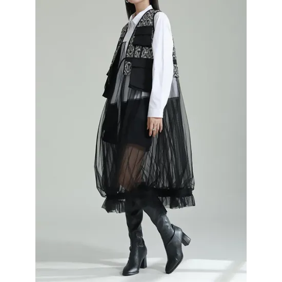Gauze Jacquard Split-Joint Loose V-neck Vest Outerwear Gauze Jacquard Split-Joint Loose V-neck Vest Outerwear