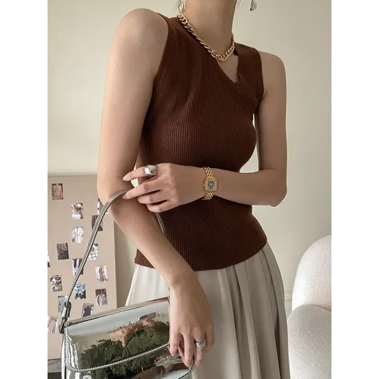 Asymmetric Solid Color Sleeveless V-Neck Vest Top Asymmetric Solid Color Sleeveless V-Neck Vest Top