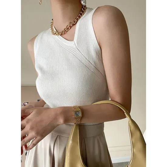 Asymmetric Solid Color Sleeveless V-Neck Vest Top Asymmetric Solid Color Sleeveless V-Neck Vest Top