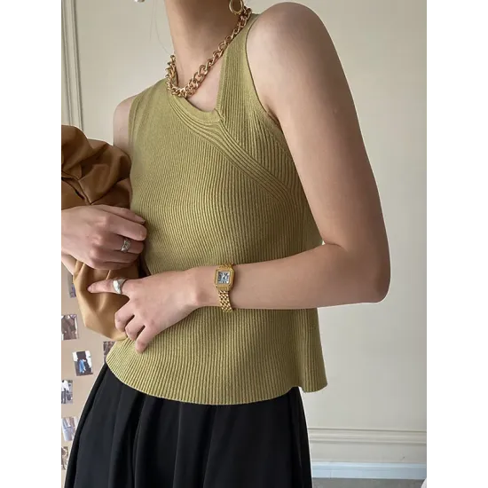 Asymmetric Solid Color Sleeveless V-Neck Vest Top Asymmetric Solid Color Sleeveless V-Neck Vest Top