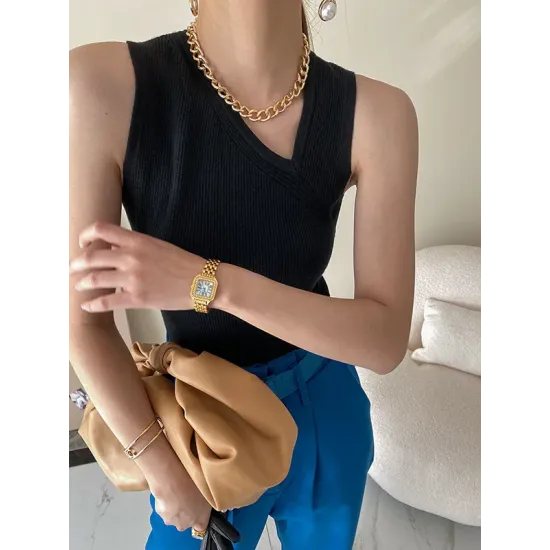 Asymmetric Solid Color Sleeveless V-Neck Vest Top Asymmetric Solid Color Sleeveless V-Neck Vest Top