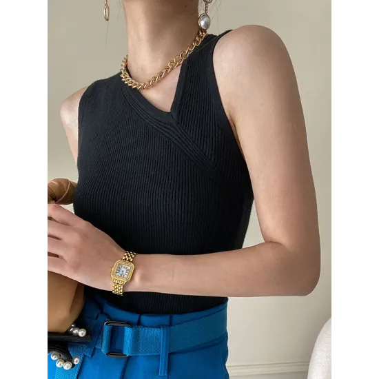 Asymmetric Solid Color Sleeveless V-Neck Vest Top Asymmetric Solid Color Sleeveless V-Neck Vest Top