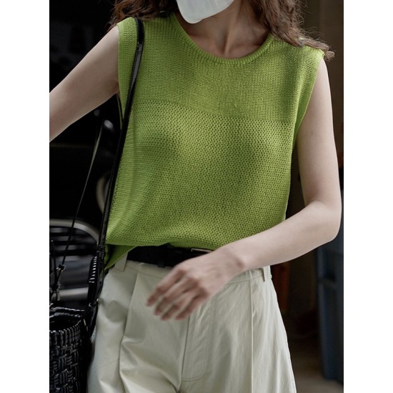 Hollow Solid Color Loose Sleeveless Round-neck Vest Top Hollow Solid Color Loose Sleeveless Round-neck Vest Top