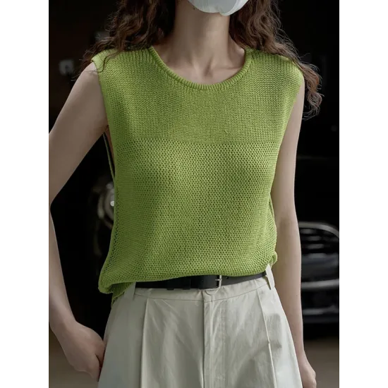 Hollow Solid Color Loose Sleeveless Round-neck Vest Top Hollow Solid Color Loose Sleeveless Round-neck Vest Top