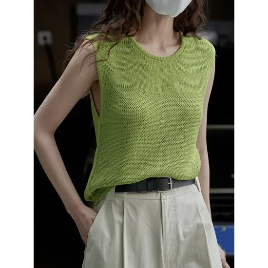 Hollow Solid Color Loose Sleeveless Round-neck Vest Top Hollow Solid Color Loose Sleeveless Round-neck Vest Top
