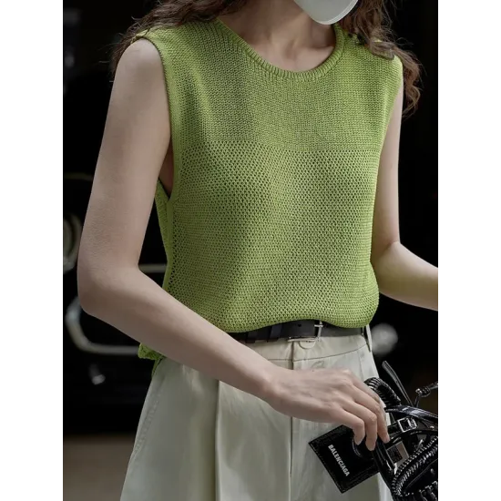Hollow Solid Color Loose Sleeveless Round-neck Vest Top Hollow Solid Color Loose Sleeveless Round-neck Vest Top