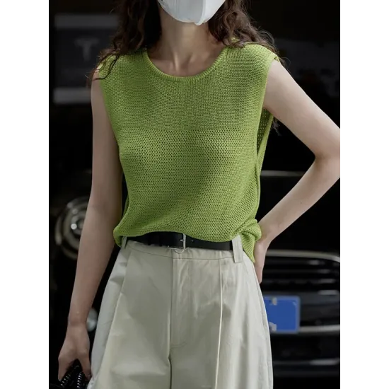Hollow Solid Color Loose Sleeveless Round-neck Vest Top Hollow Solid Color Loose Sleeveless Round-neck Vest Top