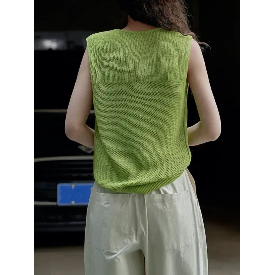 Hollow Solid Color Loose Sleeveless Round-neck Vest Top Hollow Solid Color Loose Sleeveless Round-neck Vest Top