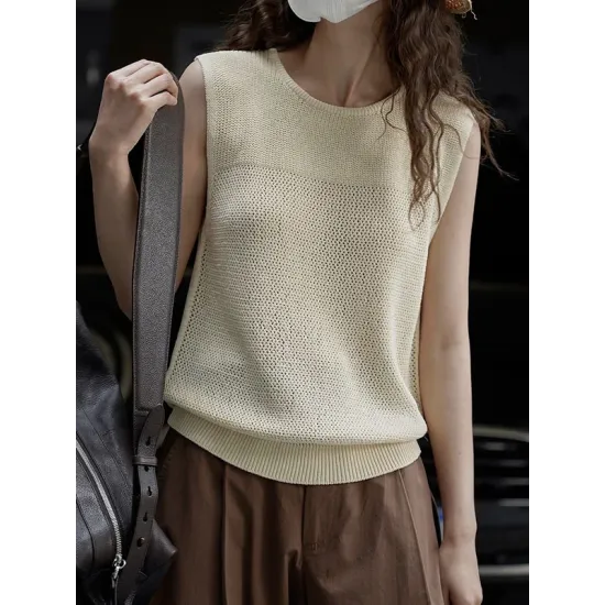 Hollow Solid Color Loose Sleeveless Round-neck Vest Top Hollow Solid Color Loose Sleeveless Round-neck Vest Top