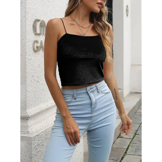 Solid Color Velvet Skinny Sleeveless Spaghetti-Neck Vest Top Solid Color Velvet Skinny Sleeveless Spaghetti-Neck Vest Top