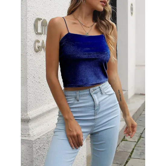 Solid Color Velvet Skinny Sleeveless Spaghetti-Neck Vest Top Solid Color Velvet Skinny Sleeveless Spaghetti-Neck Vest Top