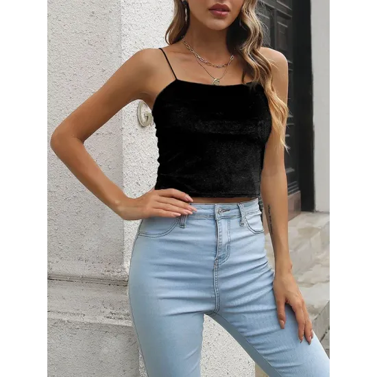 Solid Color Velvet Skinny Sleeveless Spaghetti-Neck Vest Top Solid Color Velvet Skinny Sleeveless Spaghetti-Neck Vest Top
