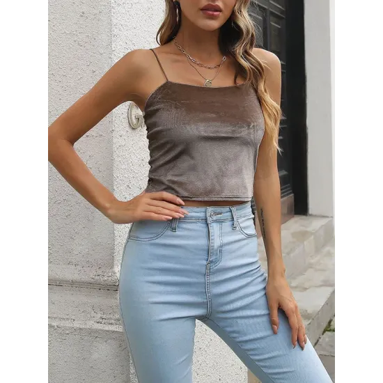 Solid Color Velvet Skinny Sleeveless Spaghetti-Neck Vest Top Solid Color Velvet Skinny Sleeveless Spaghetti-Neck Vest Top