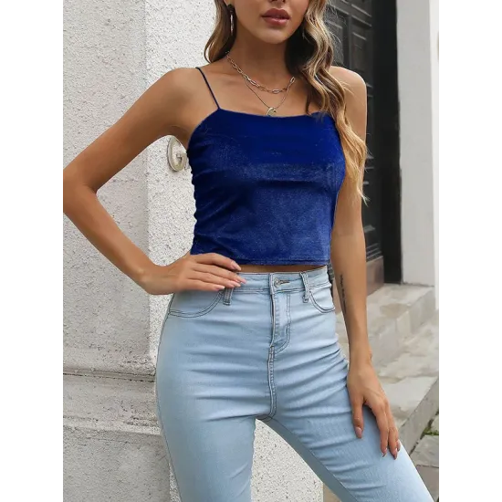 Solid Color Velvet Skinny Sleeveless Spaghetti-Neck Vest Top Solid Color Velvet Skinny Sleeveless Spaghetti-Neck Vest Top