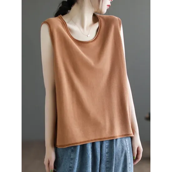 Solid Color Loose Sleeveless Round-neck Knitting Vest Top Solid Color Loose Sleeveless Round-neck Knitting Vest Top