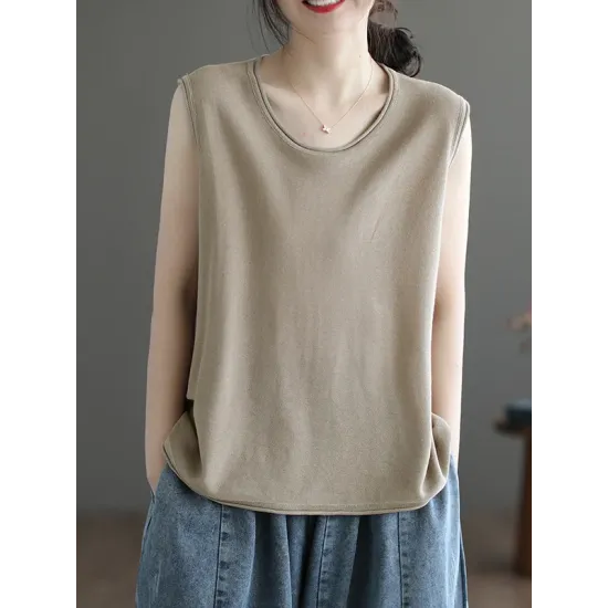 Solid Color Loose Sleeveless Round-neck Knitting Vest Top Solid Color Loose Sleeveless Round-neck Knitting Vest Top