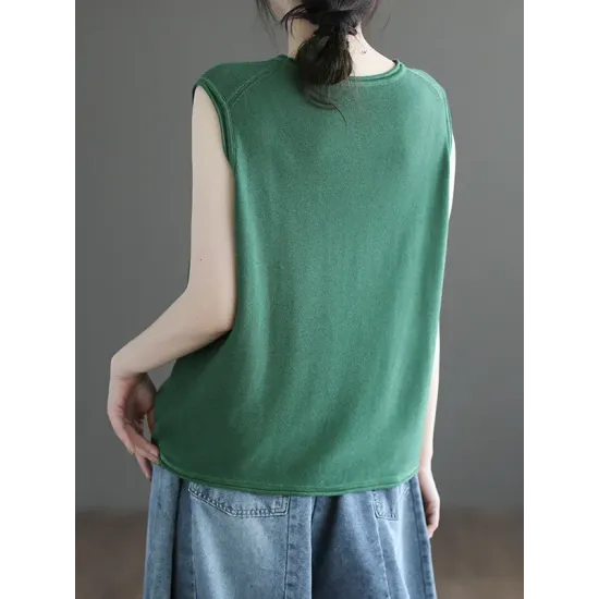 Solid Color Loose Sleeveless Round-neck Knitting Vest Top Solid Color Loose Sleeveless Round-neck Knitting Vest Top