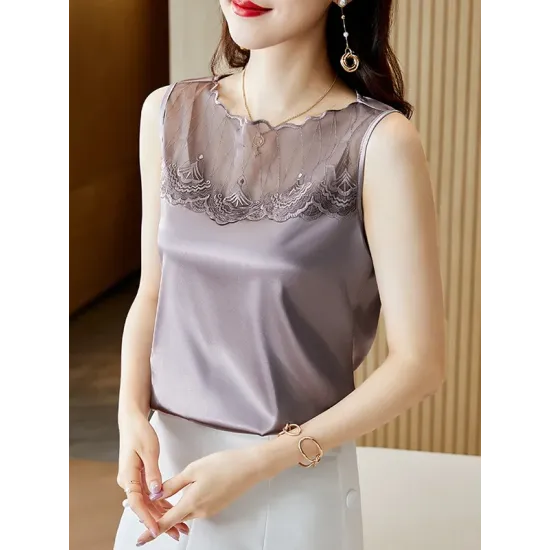 Lacy Solid Color Split-Joint Loose Sleeveless Round-neck Vest Top Lacy Solid Color Split-Joint Loose Sleeveless Round-neck Vest Top