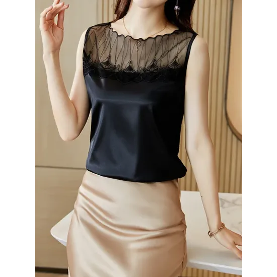 Lacy Solid Color Split-Joint Loose Sleeveless Round-neck Vest Top Lacy Solid Color Split-Joint Loose Sleeveless Round-neck Vest Top