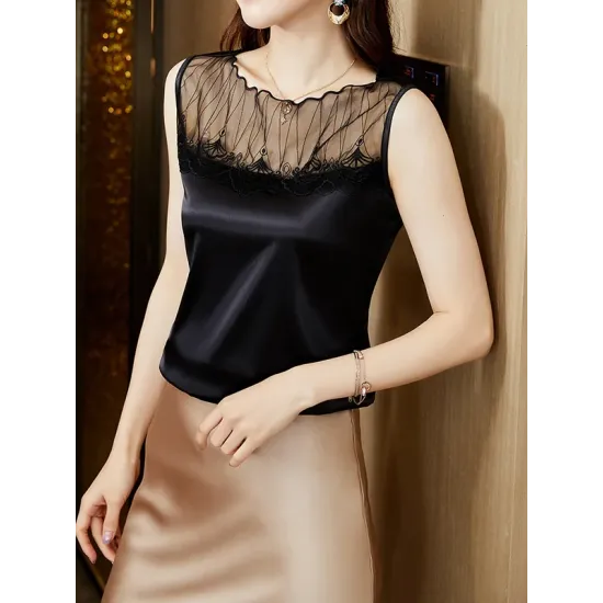 Lacy Solid Color Split-Joint Loose Sleeveless Round-neck Vest Top Lacy Solid Color Split-Joint Loose Sleeveless Round-neck Vest Top