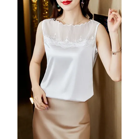 Lacy Solid Color Split-Joint Loose Sleeveless Round-neck Vest Top Lacy Solid Color Split-Joint Loose Sleeveless Round-neck Vest Top