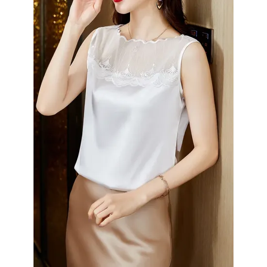 Lacy Solid Color Split-Joint Loose Sleeveless Round-neck Vest Top Lacy Solid Color Split-Joint Loose Sleeveless Round-neck Vest Top