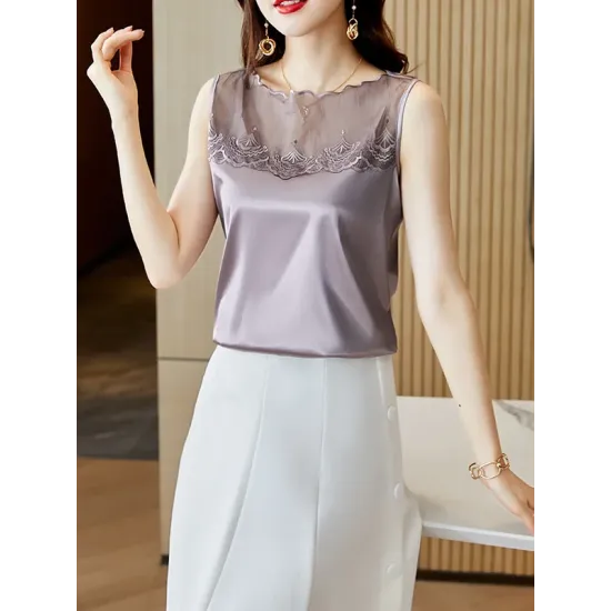 Lacy Solid Color Split-Joint Loose Sleeveless Round-neck Vest Top Lacy Solid Color Split-Joint Loose Sleeveless Round-neck Vest Top