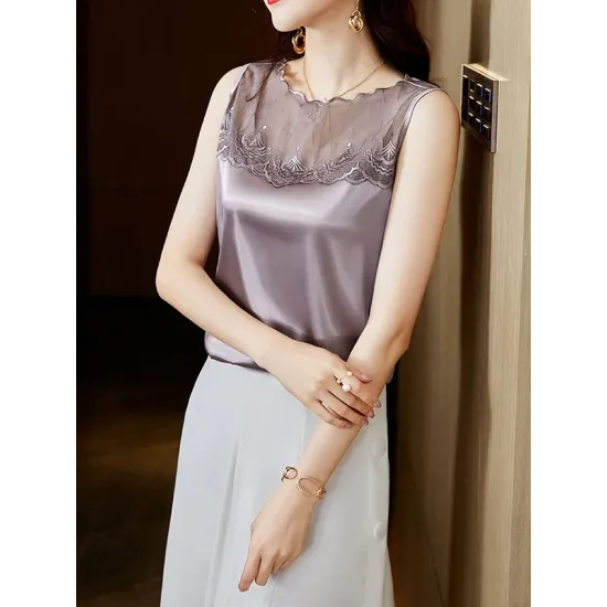 Lacy Solid Color Split-Joint Loose Sleeveless Round-neck Vest Top Lacy Solid Color Split-Joint Loose Sleeveless Round-neck Vest Top