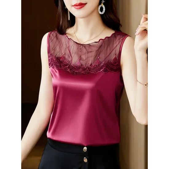 Lacy Solid Color Split-Joint Loose Sleeveless Round-neck Vest Top Lacy Solid Color Split-Joint Loose Sleeveless Round-neck Vest Top