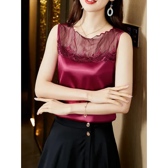 Lacy Solid Color Split-Joint Loose Sleeveless Round-neck Vest Top Lacy Solid Color Split-Joint Loose Sleeveless Round-neck Vest Top