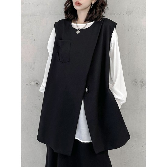 Asymmetric Zipper Loose Sleeveless Round-Neck Vest Top Asymmetric Zipper Loose Sleeveless Round-Neck Vest Top