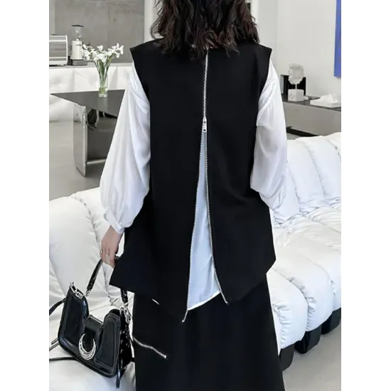 Asymmetric Zipper Loose Sleeveless Round-Neck Vest Top Asymmetric Zipper Loose Sleeveless Round-Neck Vest Top