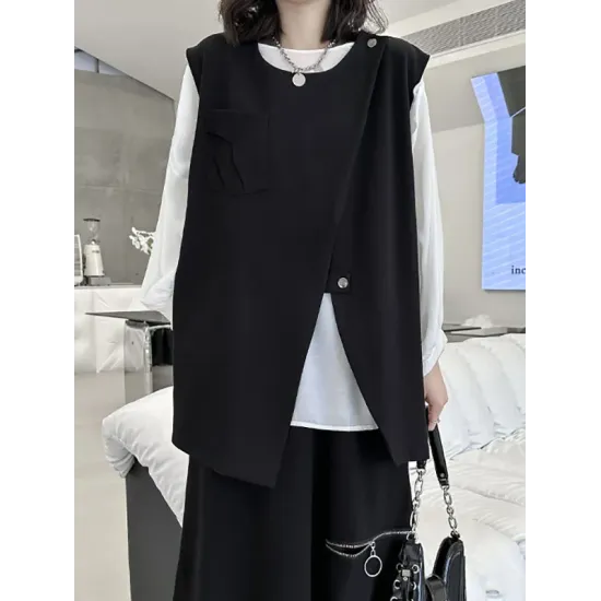 Asymmetric Zipper Loose Sleeveless Round-Neck Vest Top Asymmetric Zipper Loose Sleeveless Round-Neck Vest Top
