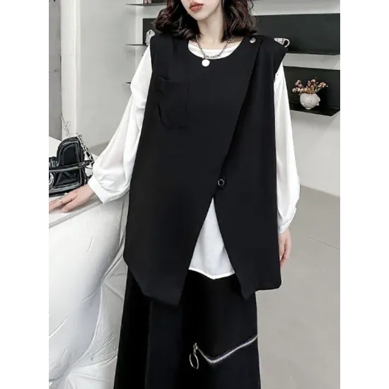 Asymmetric Zipper Loose Sleeveless Round-Neck Vest Top Asymmetric Zipper Loose Sleeveless Round-Neck Vest Top