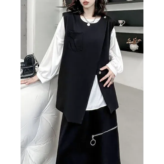 Asymmetric Zipper Loose Sleeveless Round-Neck Vest Top Asymmetric Zipper Loose Sleeveless Round-Neck Vest Top