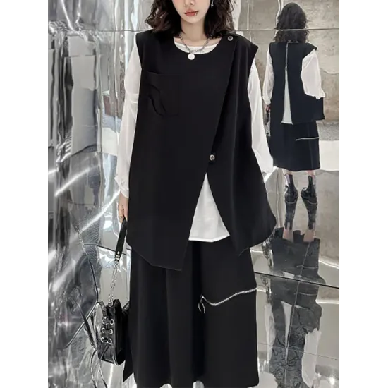 Asymmetric Zipper Loose Sleeveless Round-Neck Vest Top Asymmetric Zipper Loose Sleeveless Round-Neck Vest Top