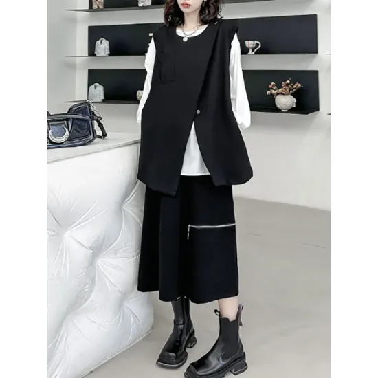Asymmetric Zipper Loose Sleeveless Round-Neck Vest Top Asymmetric Zipper Loose Sleeveless Round-Neck Vest Top