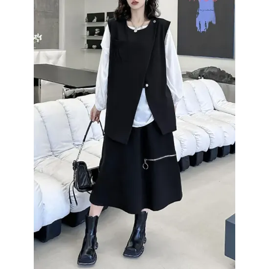 Asymmetric Zipper Loose Sleeveless Round-Neck Vest Top Asymmetric Zipper Loose Sleeveless Round-Neck Vest Top