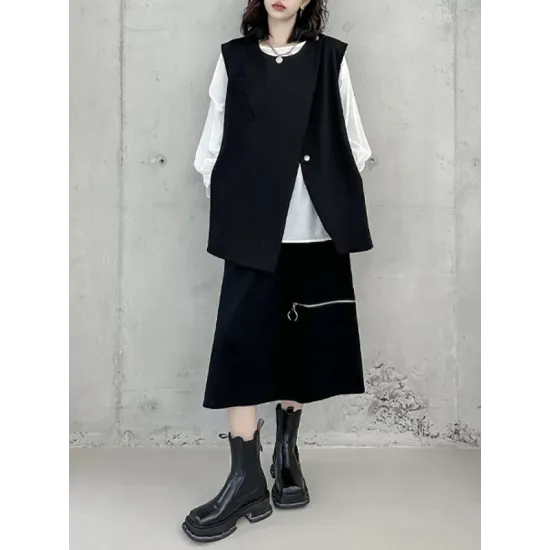Asymmetric Zipper Loose Sleeveless Round-Neck Vest Top Asymmetric Zipper Loose Sleeveless Round-Neck Vest Top