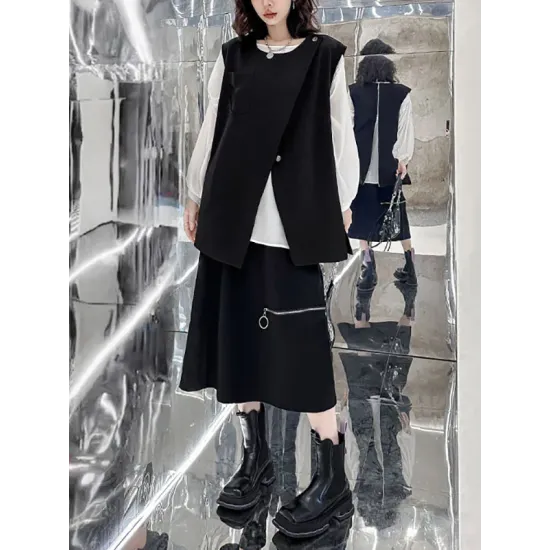Asymmetric Zipper Loose Sleeveless Round-Neck Vest Top Asymmetric Zipper Loose Sleeveless Round-Neck Vest Top